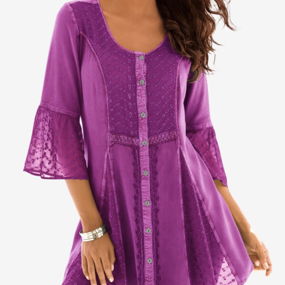 Denim 24/7 Purple ¾ Sleeve Embroidered Flare Big Shirt Blouse Flower Button Up